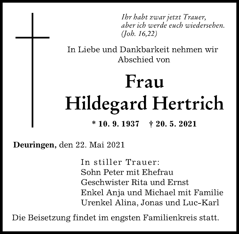 Traueranzeige von Hildegard Hertrich von Augsburger Allgemeine