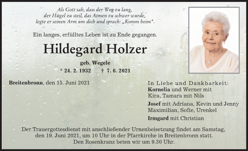 Traueranzeige von Hildegard Holzer von Augsburger Allgemeine