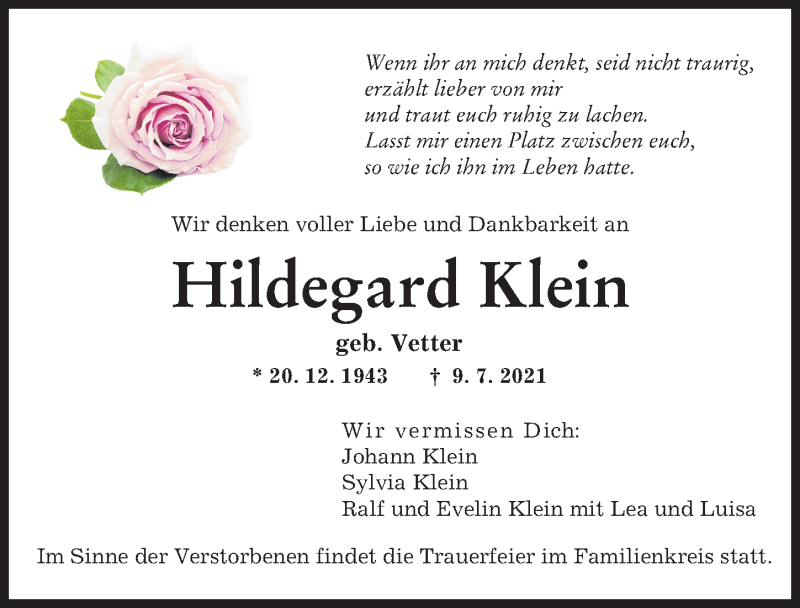 Traueranzeige von Hildegard Klein von Augsburger Allgemeine