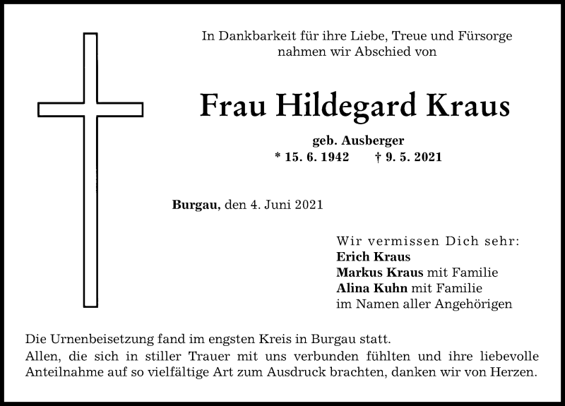 Traueranzeige von Hildegard Kraus von Günzburger Zeitung