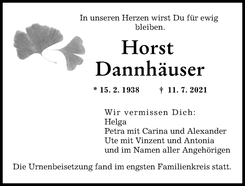 Traueranzeige von Horst Dannhäuser von Augsburger Allgemeine