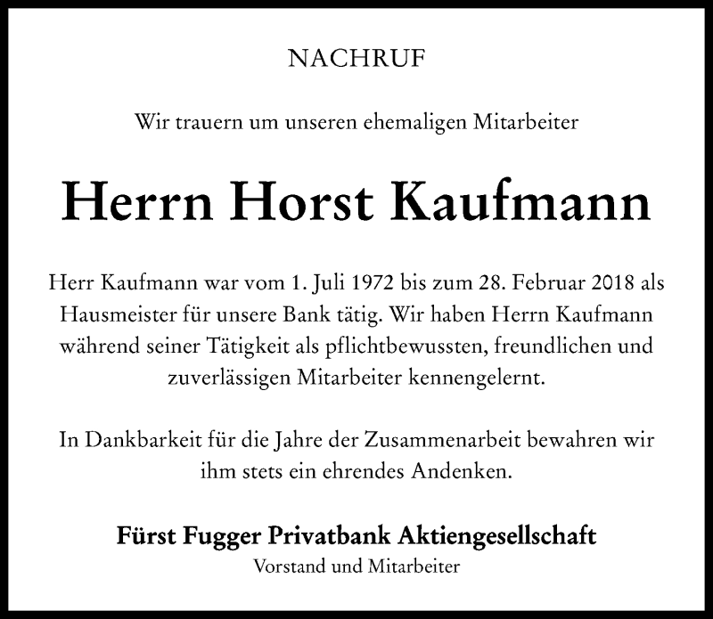 Traueranzeige von Horst Kaufmann von Augsburger Allgemeine