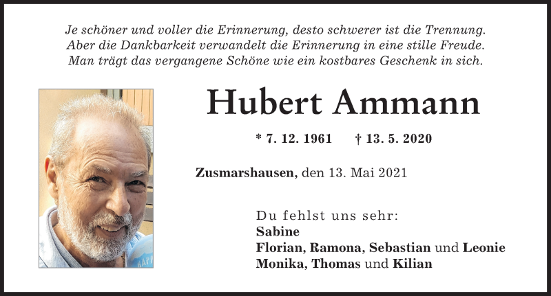 Traueranzeige von Hubert Ammann von Augsburg-Land