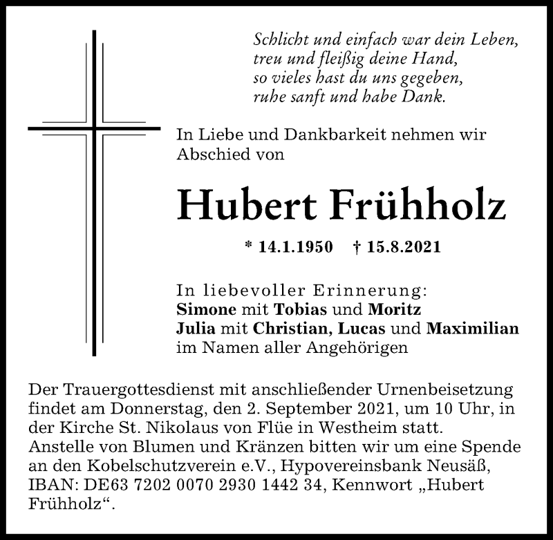 Traueranzeige von Hubert Frühholz von Augsburg-Land