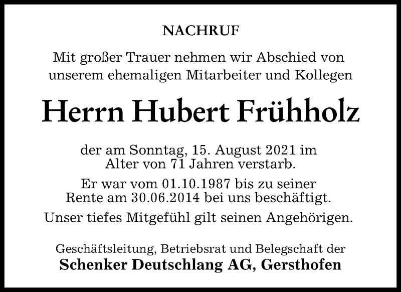 Traueranzeige von Hubert Frühholz von Augsburger Allgemeine