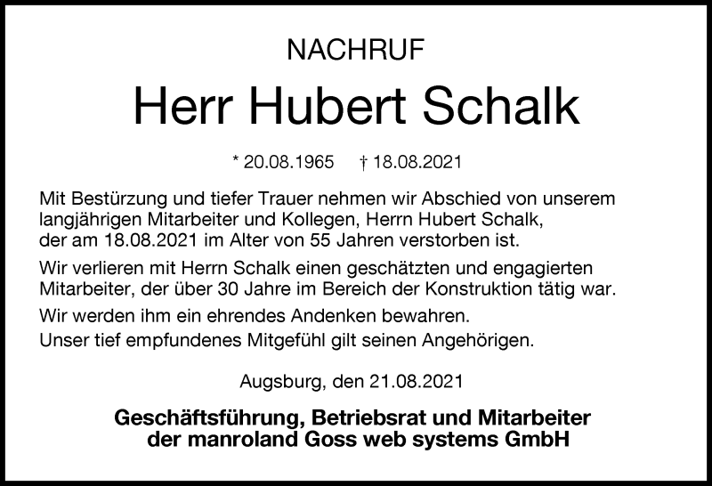  Traueranzeige für Hubert Schalk vom 21.08.2021 aus Augsburger Allgemeine