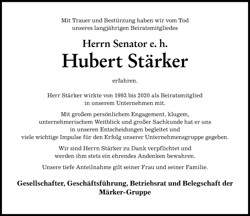  Traueranzeige für Hubert Stärker vom 02.07.2021 aus Augsburger Allgemeine