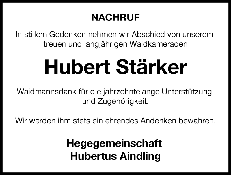  Traueranzeige für Hubert Stärker vom 26.06.2021 aus Augsburger Allgemeine