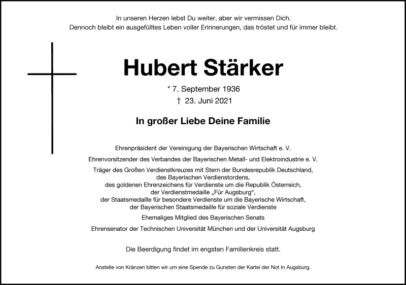  Traueranzeige für Hubert Stärker vom 26.06.2021 aus Augsburger Allgemeine