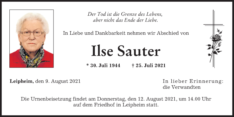 Traueranzeige von Ilse Sauter von Günzburger Zeitung