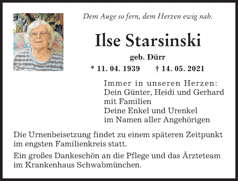 Traueranzeige von Ilse Starsinski von Augsburger Allgemeine