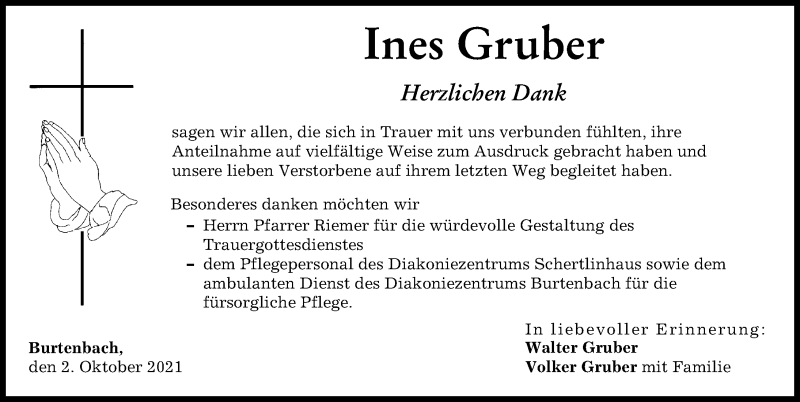 Traueranzeige von Ines Gruber von Günzburger Zeitung