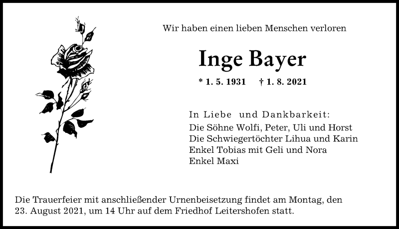 Traueranzeige von Inge Bayer von Augsburger Allgemeine