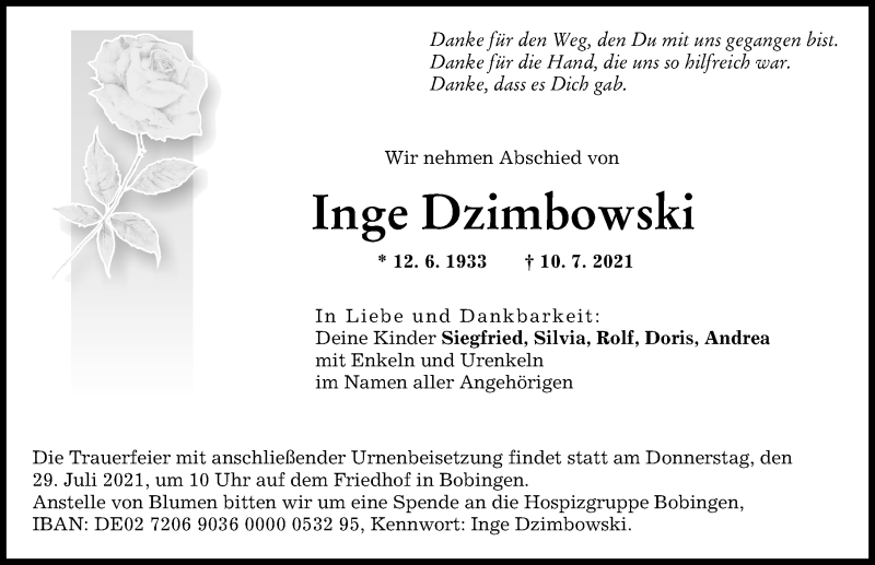 Traueranzeige von Inge Dzimbowski von Augsburger Allgemeine