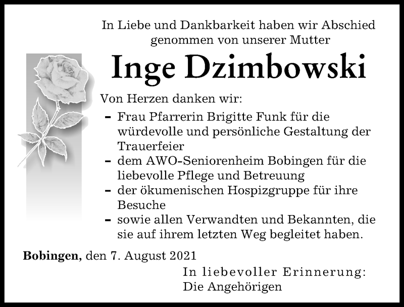 Traueranzeige von Inge Dzimbowski von Schwabmünchner Allgemeine