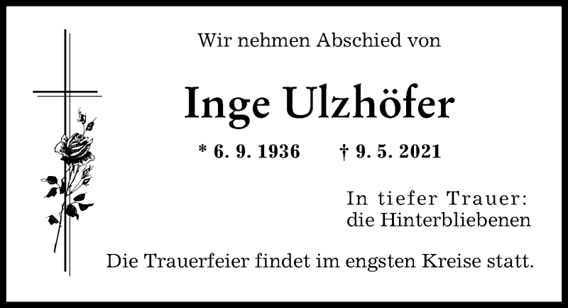 Traueranzeige von Inge Ulzhöfer von Augsburger Allgemeine