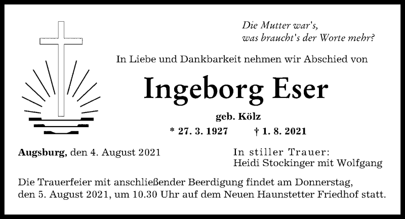 Traueranzeige von Ingeborg Eser von Augsburger Allgemeine