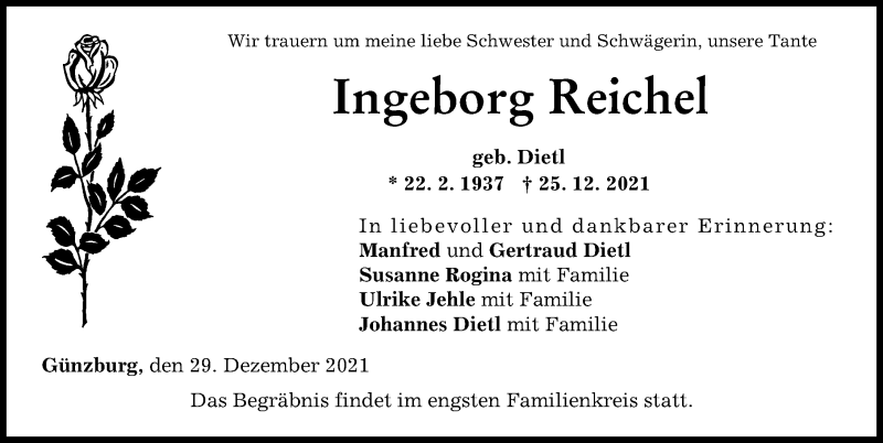 Traueranzeige von Ingeborg Reichel von Günzburger Zeitung