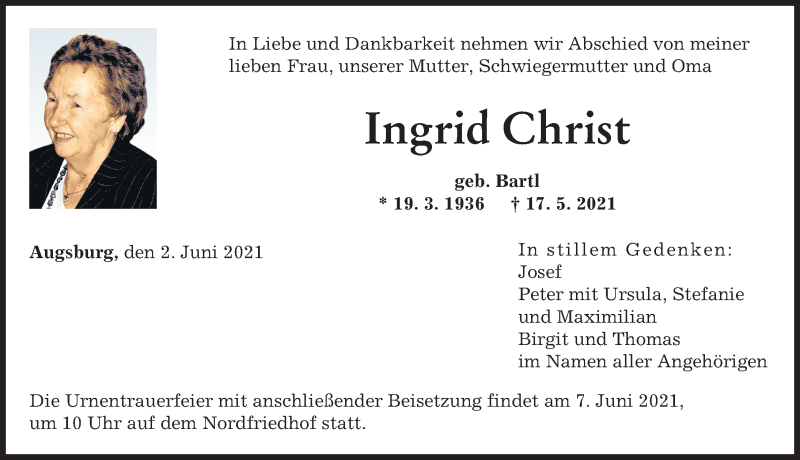 Traueranzeige für Ingrid Christ vom 02.06.2021 aus Augsburger Allgemeine