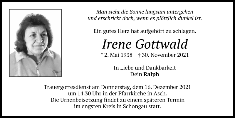 Traueranzeigen von Irene Gottwald | Augsburger Allgemeine Zeitung