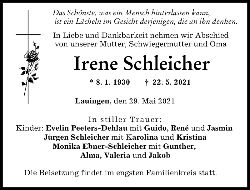 Traueranzeige von Irene Schleicher von Donau Zeitung