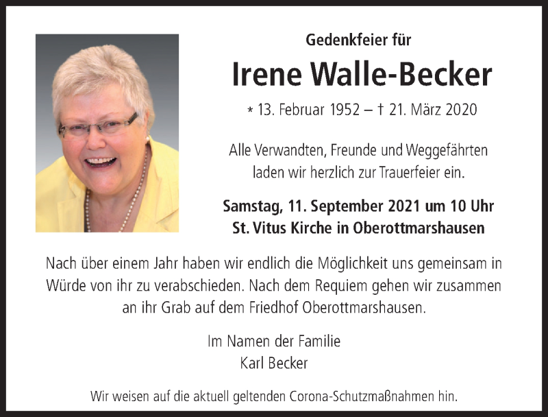 Traueranzeige von Irene Walle-Becker von Augsburger Allgemeine