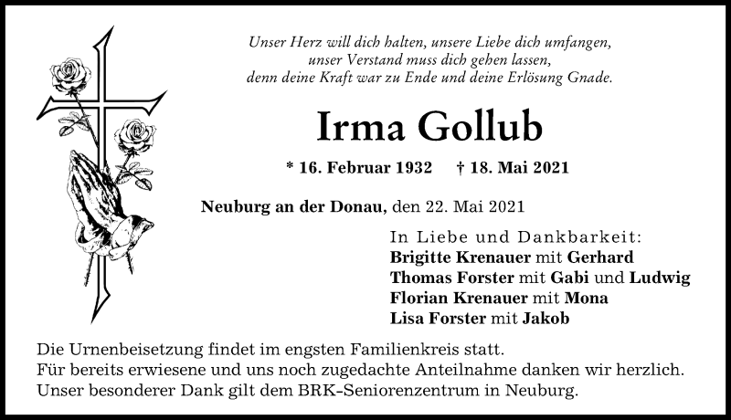 Traueranzeige von Irma Gollub von Neuburger Rundschau