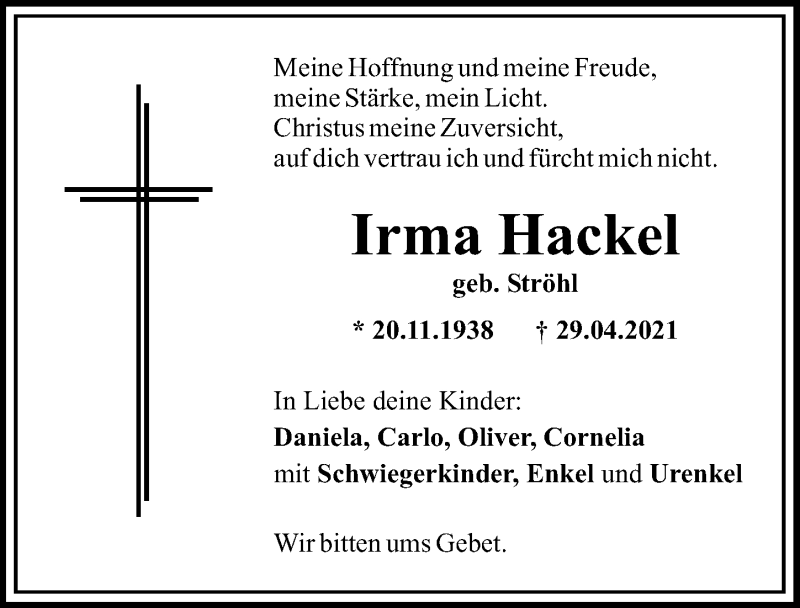 Traueranzeige von Irma Hackel von Augsburger Allgemeine
