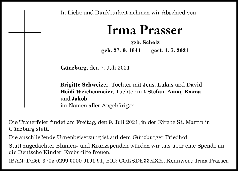 Traueranzeige von Irma Prasser von Günzburger Zeitung