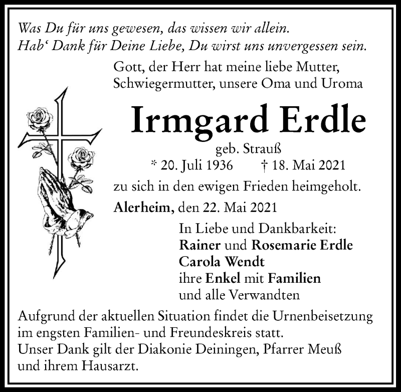 Traueranzeige von Irmgard Erdle von Rieser Nachrichten