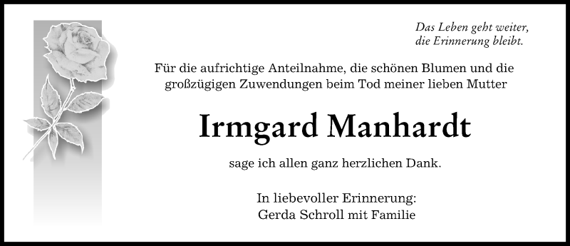 Traueranzeige von Irmgard Manhardt von Augsburger Allgemeine