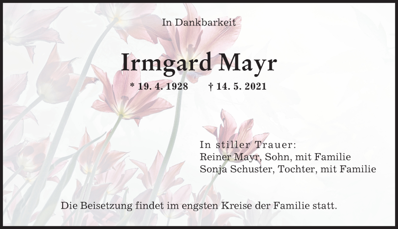 Traueranzeige von Irmgard Mayr von Augsburger Allgemeine