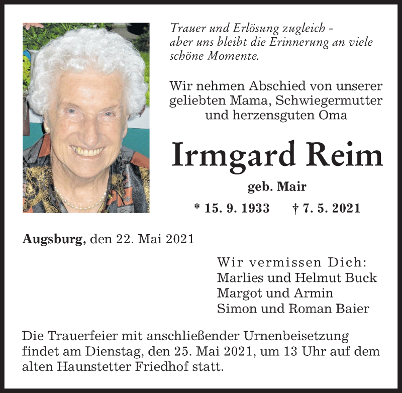 Traueranzeige von Irmgard Reim von Augsburger Allgemeine