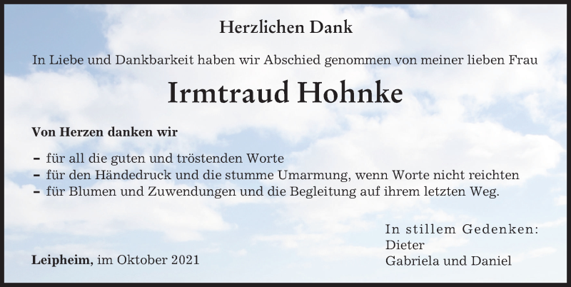 Traueranzeige von Irmtraud Hohnke von Günzburger Zeitung