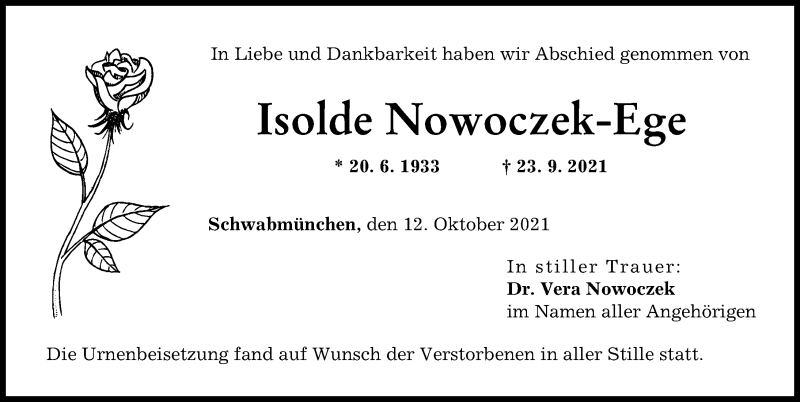  Traueranzeige für Isolde Nowoczek-Ege vom 12.10.2021 aus Schwabmünchner Allgemeine