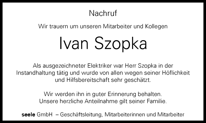 Traueranzeige von Ivan Szopka von Augsburger Allgemeine