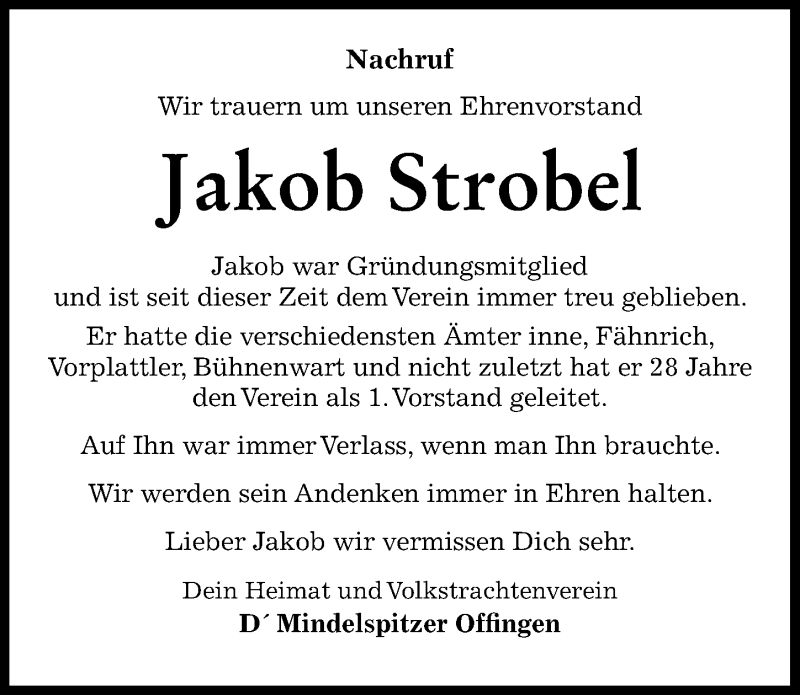 Traueranzeige von Jakob Strobel von Günzburger Zeitung