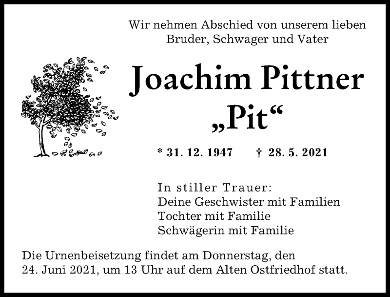 Traueranzeige von Joachim Pittner von Friedberger Allgemeine, Augsburger Allgemeine