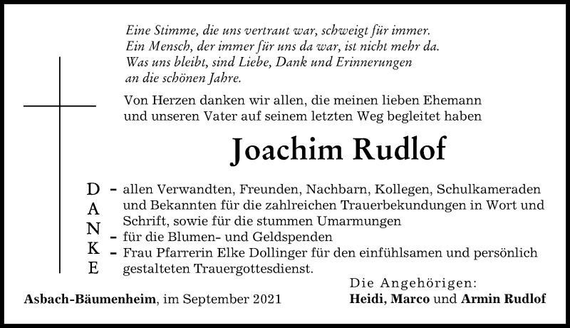  Traueranzeige für Joachim Rudlof vom 17.09.2021 aus Donauwörther Zeitung