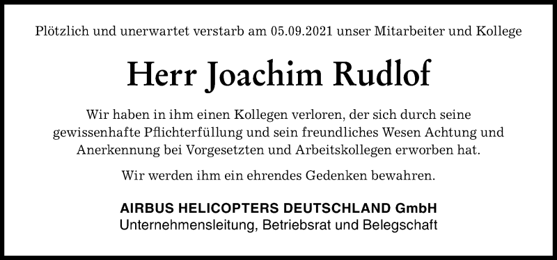  Traueranzeige für Joachim Rudlof vom 11.09.2021 aus Donauwörther Zeitung