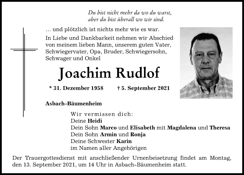  Traueranzeige für Joachim Rudlof vom 10.09.2021 aus Donauwörther Zeitung