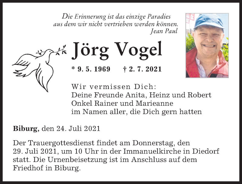 Traueranzeige von Jörg Vogel von Augsburger Allgemeine