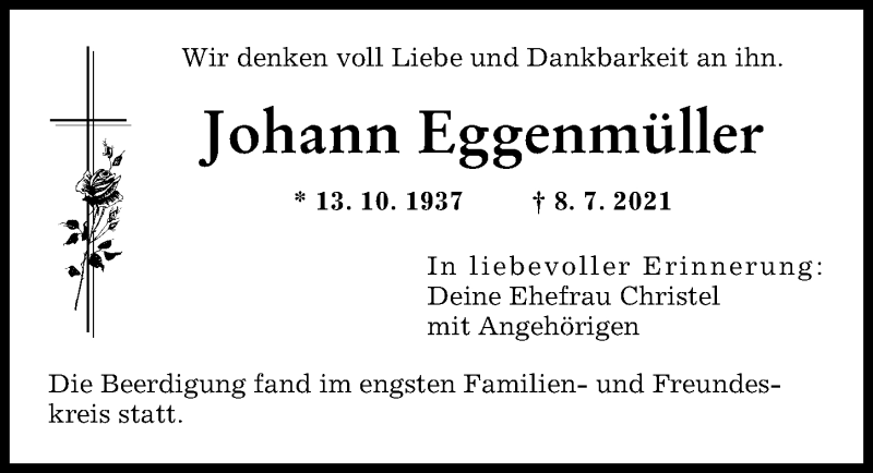 Traueranzeige von Johann Eggenmüller von Augsburger Allgemeine