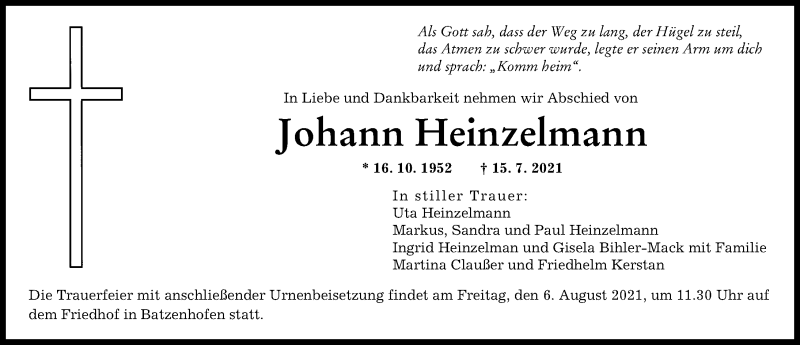 Traueranzeige von Johann Heinzelmann von Augsburger Allgemeine