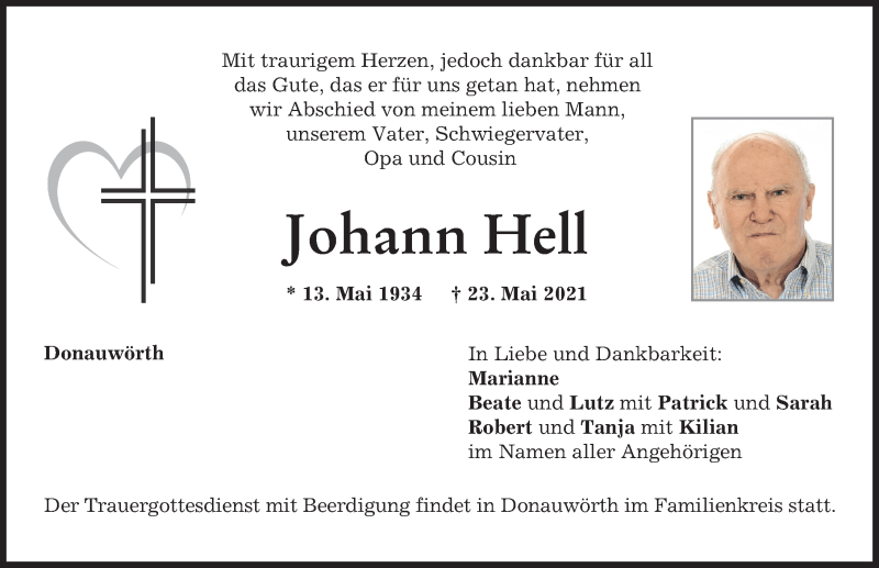 Traueranzeige von Johann Hell von Donauwörther Zeitung