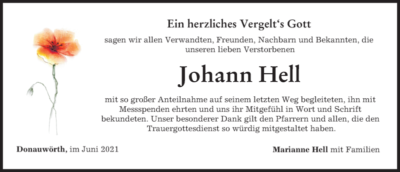 Traueranzeige von Johann Hell von Donauwörther Zeitung