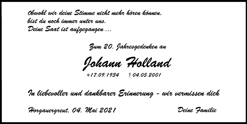 Traueranzeige von Johann Holland von Augsburg-Land