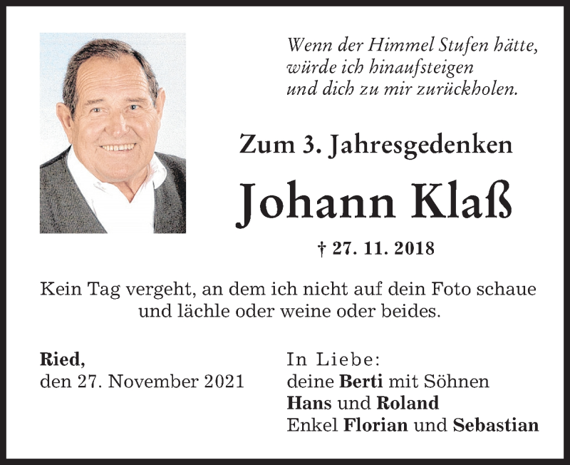 Traueranzeige von Johann Klaß von Friedberger Allgemeine