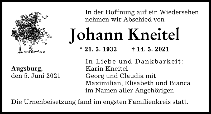 Traueranzeige von Johann Kneitel von Augsburger Allgemeine