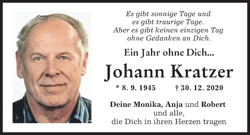 Traueranzeige von Johann Kratzer von Schwabmünchner Allgemeine